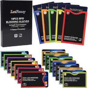أكمام LotFancy RFID، مجموعة مع ترميز الألوان (19 حزمة، 14 واقي بطاقة الائتمان و5 أكمام لحامل جواز السفر)، أكمام حماية من سرقة الهوية