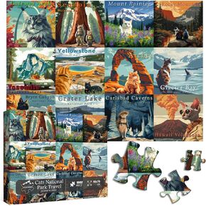 Cat Puzzles for Adults 1000 Pieces and up, National Parks Puzzle Series Kitty Travels Yellowstone Glacier, PICKFORU Funny Cat Jigsaw Puzzles as Home Decor