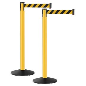 Visiontron Prime 10' Long Outdoor Weather Resistant Retractable Belt Stanchion 2 Pk, 40" Tall No-Tools Assembly Crowd Control Barriers, Black/Yellow Diagonal Belt/Yellow Post