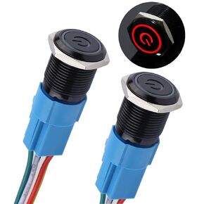 DMWD 2Pcs 19mm Latching Push Button Switch 12V-24V ON/Off 1NO 1NC Waterproof IP66 Black Metal Shell with Wire Socket for 3/4’’ Mounting Hole Power Symbol Light (Red LED)