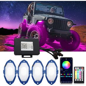 RGB LED Rock Lights, Neon Underglow Kit for Car with App/Remote Control and Voice-Activated Music Mode, 4 Pods Waterproof Car Light Rock Lights for Trucks ATV SUV RZR UTV Boat Motorcycle (Black)