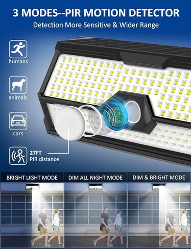 أضواء خارجية تعمل بالطاقة الشمسية - 4000 لومن 268 مصباح مستشعر حركة LED خارجي، مصابيح أمان LED مقاومة للماء IP65، مصابيح جدارية لاسلكية ساطعة تعمل بالطاقة الشمسية مع 3 أوضاع اختيارية و4 زاوية واسعة (عبوتان) in Kuwait
