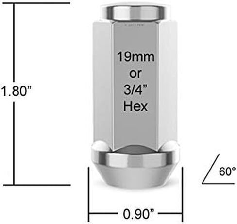 32 قطعة من صواميل العروة من الكروم الفضي 1/2x20 - مقعد مخروطي مخروطي مستدق من البلوط بنهاية مغلقة ممتدة - طول 1.8 بوصة - متوافق مع دودج تشيفي فورد مع 8 عروات - يتم تركيبه بمقبس سداسي 19 مم أو 3/4 بوصة in Saudi Arabia