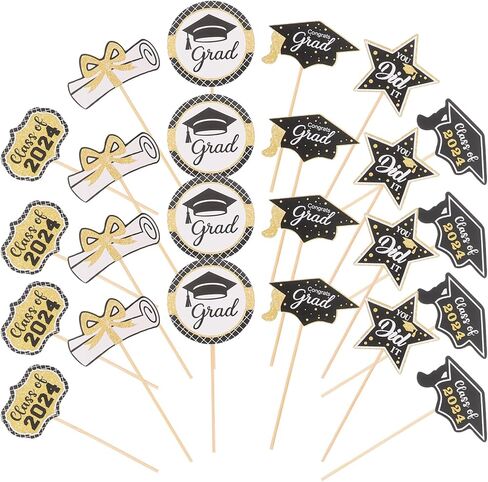 MAGICLULU 2024 Graduation Cupcake Toppers, 24pcs Glitter Class of 2024 Cake Toppers Grad Cap Cake Picks 2024 Diploma Appetizer Picks for Graduation New Years Party Favors in Saudi Arabia