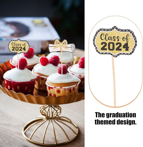 MAGICLULU 2024 Graduation Cupcake Toppers, 24pcs Glitter Class of 2024 Cake Toppers Grad Cap Cake Picks 2024 Diploma Appetizer Picks for Graduation New Years Party Favors in Saudi Arabia