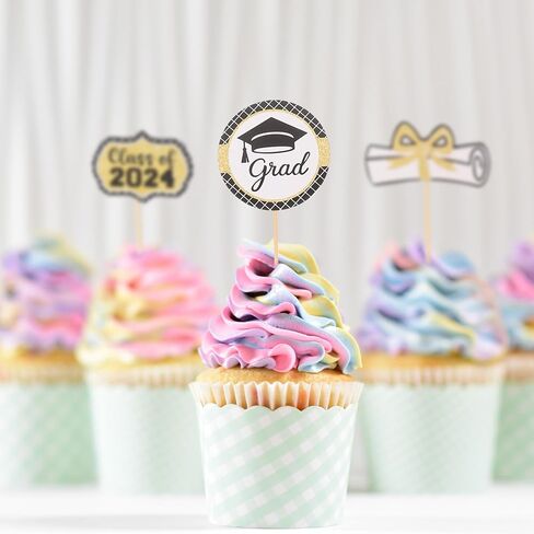 MAGICLULU 2024 Graduation Cupcake Toppers, 24pcs Glitter Class of 2024 Cake Toppers Grad Cap Cake Picks 2024 Diploma Appetizer Picks for Graduation New Years Party Favors in Saudi Arabia