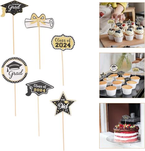 MAGICLULU 2024 Graduation Cupcake Toppers, 24pcs Glitter Class of 2024 Cake Toppers Grad Cap Cake Picks 2024 Diploma Appetizer Picks for Graduation New Years Party Favors in Saudi Arabia