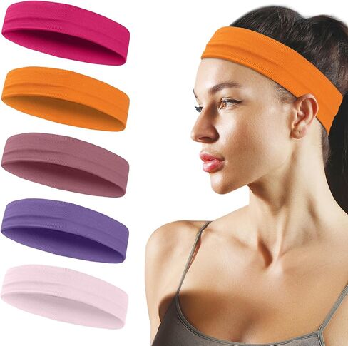 Sports Headbands for Women, 5 Pack Moisture Wicking Non Slip Sweatbands Fashionable Hairbands for Workout Yoga Running Gym in Saudi Arabia