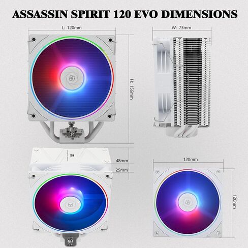 مبرد هواء وحدة المعالجة المركزية Thermalright Assassin Spirit 120 EVO White ARGB CPU، سرعة 2000 دورة في الدقيقة، 4 أنابيب حرارية، مبرد وحدة المعالجة المركزية بمروحة PWM بيضاء هادئة 12 سم مع محمل S-FDB، لـ AMD AM4 AM5/Intel 1700/1150/1151/1200، تبريد الكمب in Saudi Arabia