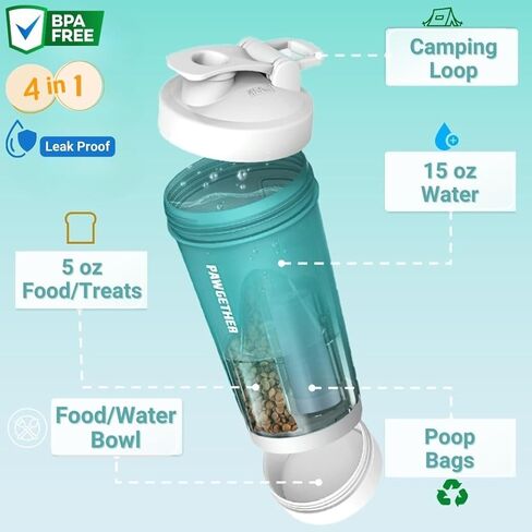 PETINUM Dog Water Bottle, Multifunction, Leak Proof, Lightweight Portable Travel Dog Water Dispenser with Bowl and Poop Bags for Pets Outdoor Walking and Hiking (Water 15oz / Food 5oz / Black) in Saudi Arabia