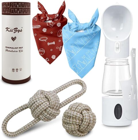 New Puppy Essentials - زجاجة مياه محمولة للكلاب 4 في 1 من KiiZYs - وشاح أخضر باندانا للكلب وردي - لعبة مضغ وسلة عيد ميلاد وإكسسوارات الحيوانات الأليفة in Saudi Arabia