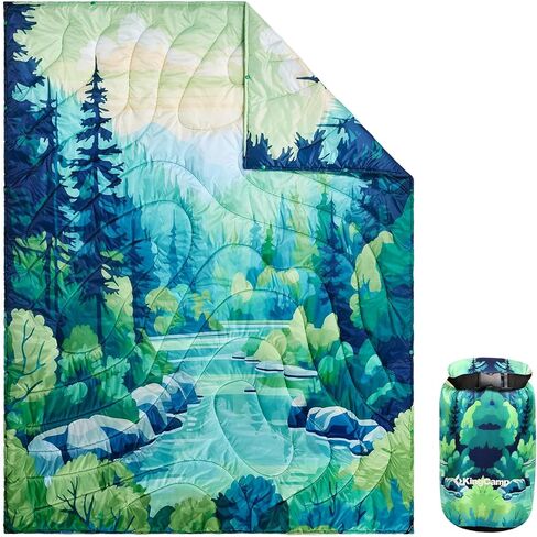 KingCamp Camping Blanket, Thickened Puffy Stylish Printed Blanket, Lightweight Warm Quilt with Snap Button, Portable for Travel, Stadium, Airplane, 79" x 57", Green in Kuwait
