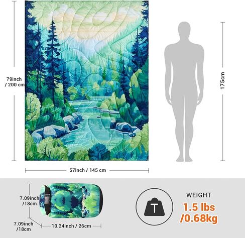 KingCamp Camping Blanket, Thickened Puffy Stylish Printed Blanket, Lightweight Warm Quilt with Snap Button, Portable for Travel, Stadium, Airplane, 79" x 57", Green in Kuwait