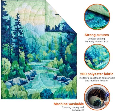 KingCamp Camping Blanket, Thickened Puffy Stylish Printed Blanket, Lightweight Warm Quilt with Snap Button, Portable for Travel, Stadium, Airplane, 79" x 57", Green in Kuwait
