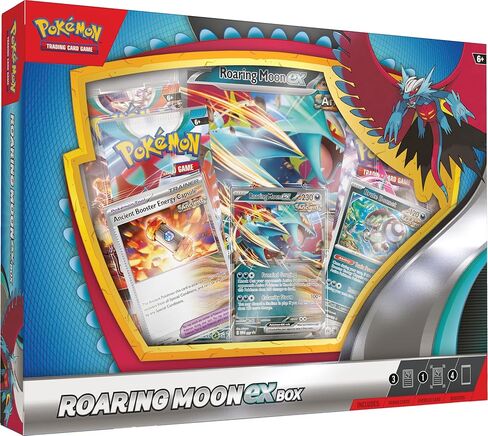 Pokémon TCG: Roaring Moon ex Box (1 بطاقة ترويجية من رقائق معدنية، وبطاقة رقائق معدنية كبيرة الحجم و4 عبوات معززة) in Saudi Arabia