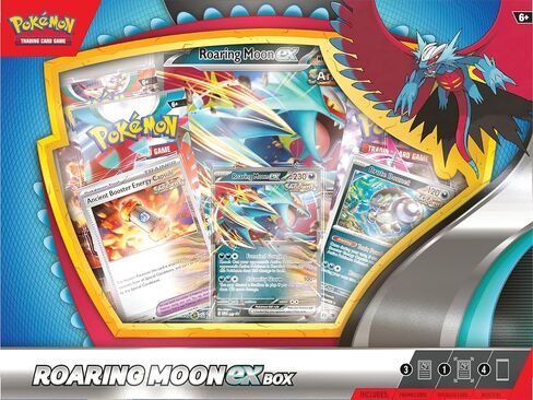 Pokémon TCG: Roaring Moon ex Box (1 بطاقة ترويجية من رقائق معدنية، وبطاقة رقائق معدنية كبيرة الحجم و4 عبوات معززة) in Saudi Arabia