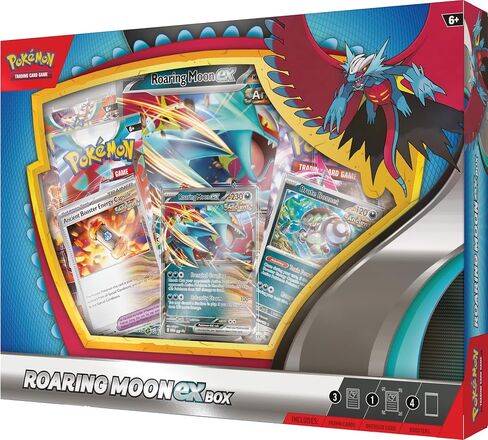 Pokémon TCG: Roaring Moon ex Box (1 بطاقة ترويجية من رقائق معدنية، وبطاقة رقائق معدنية كبيرة الحجم و4 عبوات معززة) in Saudi Arabia