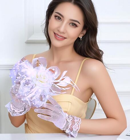 Durzasvo Women's 2PC Fascinator and Lace Glove Set Wedding Tea Party Kentucky Derby Mesh Flower Feather Fascinators with Headband and Clip White in Saudi Arabia