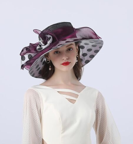 ORIDOOR Women’s Organza Church Kentucky Derby Tea Party Wedding Fascinator Hat UV-Anti Wide Brim Sun Hats (One Size), A7 Purple Red in Saudi Arabia