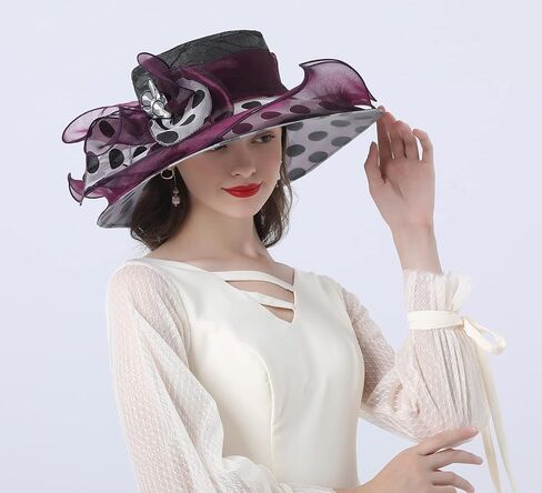 ORIDOOR Women’s Organza Church Kentucky Derby Tea Party Wedding Fascinator Hat UV-Anti Wide Brim Sun Hats (One Size), A7 Purple Red in Saudi Arabia
