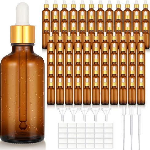 100 Pack 1.7 oz Eye Dropper Bottles Glass Eye Tincture Bottles Empty Oil Dropper Vials with Golden Top Cap for Essential Perfumes Massage Oils with Funnels, Plastic Droppers,30 Pcs Labels (Clear) in Saudi Arabia