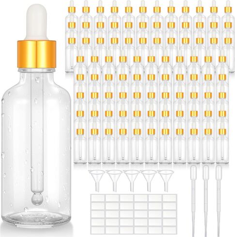 100 Pack 1.7 oz Eye Dropper Bottles Glass Eye Tincture Bottles Empty Oil Dropper Vials with Golden Top Cap for Essential Perfumes Massage Oils with Funnels, Plastic Droppers,30 Pcs Labels (Clear) in Saudi Arabia
