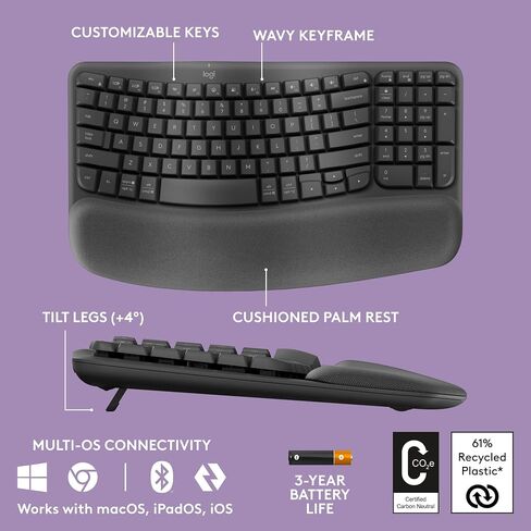 لوحة مفاتيح لاسلكية مريحة من Logitech Wave Keys مع مسند راحة اليد المبطن، كتابة طبيعية مريحة، مفتاح سهل، بلوتوث، جهاز استقبال Logi Bolt، لأنظمة تشغيل متعددة، Windows/Mac - وردي in Saudi Arabia