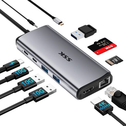 محول إيثرنت SSK USB C Hub (10 في 1)، موزع USB C بسرعة 10 جيجابت في الثانية مع HDMI 4K 60 هرتز، و10 جيجابت في الثانية USB C ومنفذي بيانات USBA، 100 وات PD، إيثرنت، SD/TF USB3.2 Gen 2 Thunderbolt Hub Dock لجهاز MacBook Pro HP لينوفو in Kuwait