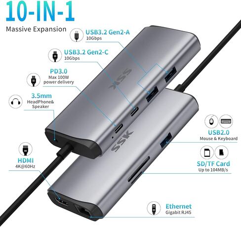 محول إيثرنت SSK USB C Hub (10 في 1)، موزع USB C بسرعة 10 جيجابت في الثانية مع HDMI 4K 60 هرتز، و10 جيجابت في الثانية USB C ومنفذي بيانات USBA، 100 وات PD، إيثرنت، SD/TF USB3.2 Gen 2 Thunderbolt Hub Dock لجهاز MacBook Pro HP لينوفو in Kuwait