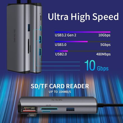 محول إيثرنت SSK USB C Hub (10 في 1)، موزع USB C بسرعة 10 جيجابت في الثانية مع HDMI 4K 60 هرتز، و10 جيجابت في الثانية USB C ومنفذي بيانات USBA، 100 وات PD، إيثرنت، SD/TF USB3.2 Gen 2 Thunderbolt Hub Dock لجهاز MacBook Pro HP لينوفو in Kuwait