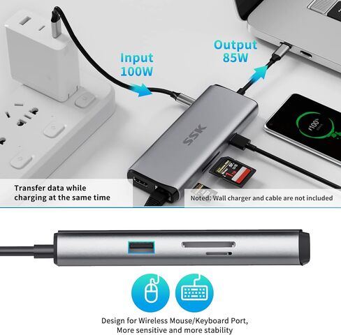 محول إيثرنت SSK USB C Hub (10 في 1)، موزع USB C بسرعة 10 جيجابت في الثانية مع HDMI 4K 60 هرتز، و10 جيجابت في الثانية USB C ومنفذي بيانات USBA، 100 وات PD، إيثرنت، SD/TF USB3.2 Gen 2 Thunderbolt Hub Dock لجهاز MacBook Pro HP لينوفو in Kuwait