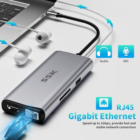 محول إيثرنت SSK USB C Hub (10 في 1)، موزع USB C بسرعة 10 جيجابت في الثانية مع HDMI 4K 60 هرتز، و10 جيجابت في الثانية USB C ومنفذي بيانات USBA، 100 وات PD، إيثرنت، SD/TF USB3.2 Gen 2 Thunderbolt Hub Dock لجهاز MacBook Pro HP لينوفو in Kuwait