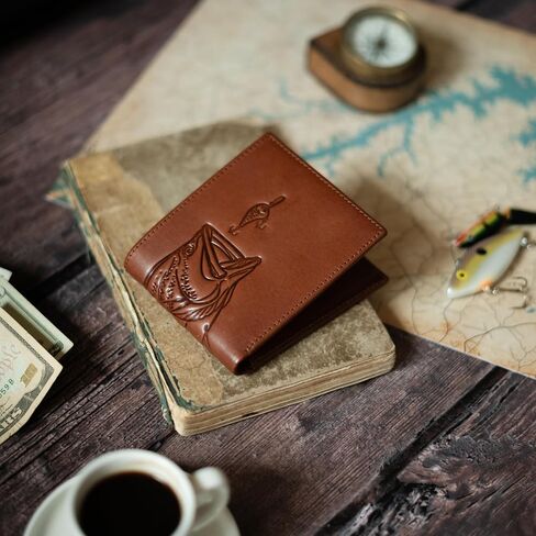 Solidstrike Gear Fisherman’s Bifold Wallet - Genuine Leather - Bass Fishing Themed Unique Gift for Men Boys Dad Grandpa Boyfriend Him - Slim & RFID Blocking in Saudi Arabia