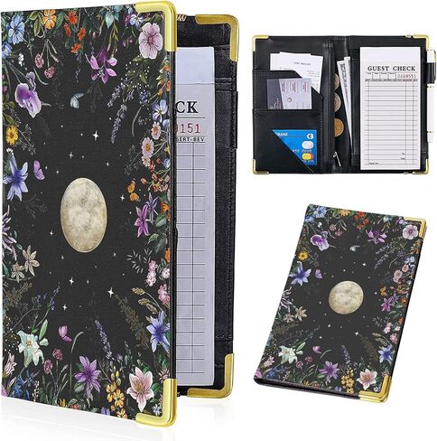 Waitress Book, Leather Server Books for Waitress with Zipper Pocket, Moon Flower Server Book, Cash Check Bill Receipt Holder Presenter, Guest Book Note Pad Waiter Accessories Fit Server Apron in Saudi Arabia