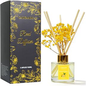 مجموعة ناشر القصب - ناشر زيت عطري برائحة الليمون مع 6 أعواد من القصب | ديكور الحمام للمنزل وغرفة النوم، 3.38 أونصة سائلة (100 مل) (زهرة الليمون) in Kuwait