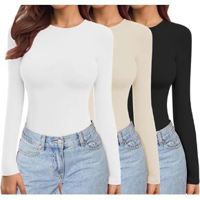 Ekouaer 3 Pack Long Sleeve Shirts for Women Crew Neck Stretch Fitted Underscrubs Black/White/Dusty Blue M in Kuwait