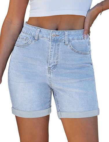 Luvamia شورتات جينز للنساء عالية الخصر العصرية منتصف الفخذ طويل مكبل هيم بسط الدينيم السراويل الصيف عادية Jorts in Kuwait