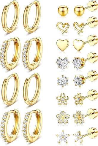 Hypoallergenic Gold Stud Earrings for Women Girls- 14k Gold Plated Surgical Stainless Steel Flat back Earrings Set Small Huggie Hoop Flatback Earring for Sensitive Ears Screw Back Cartilage Piercing Jewelry in Saudi Arabia