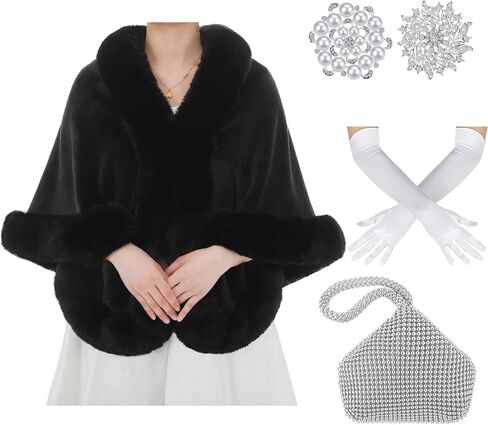 5 Pcs Faux Fur Shawl Wrap Stole Shrug Set Wedding Scarf Clutch Long Gloves Pearl Rhinestone Brooches for Women in Saudi Arabia