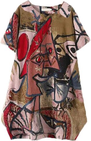 FTCayanz Women's Casual Midi Dresses Short Sleeve Loose Print T Shirt Dress with Pockets in Kuwait