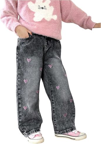 GORGLITTER Girl's Baggy Jeans Denim High Waisted Heart Graphic Print Straight Wide Leg Cargo Joggers Pants in Saudi Arabia
