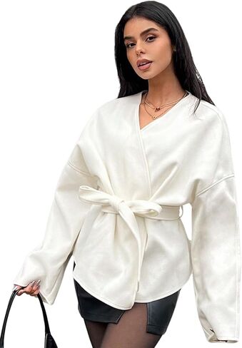 GORGLITTER Women's Cropped Trench Coat Fall 2025 Wrap Belted Oversized Jacket Dressy Long Sleeve V Neck Peacoat in Saudi Arabia