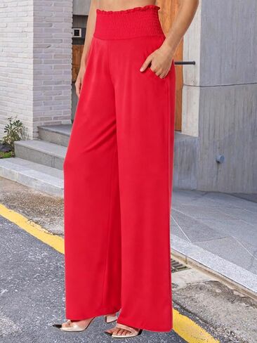 Womens Long Pants High Waist Wide Leg Stretchy Loose Fit Casual Trousers with Pocket in Saudi Arabia