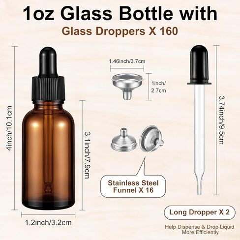 160 Pack 1oz Glass Dropper Bottle 30ml Glass Bottles with Droppers, 16 Funnels and 2 Long Droppers, Eye Dropper Bottles Bulk Leak Proof Tincture Bottle for Essential Lab Chemicals (Amber, Black) in Kuwait