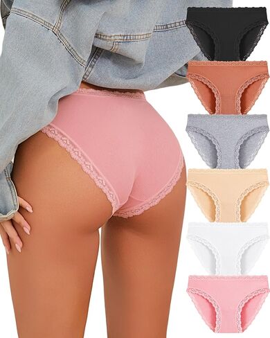 FINETOO Cotton Underwear for Women Sexy Cheeky Lace Bikini Panties Soft Breathable Womens Underwear 6 Pack in Saudi Arabia