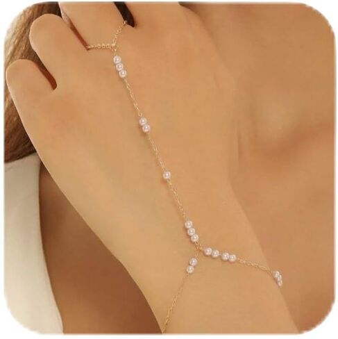 MODRSA Hand Chain Bracelet Gold Hand Chain Ring Bracelet Hands Chains Jewelry Rhinestone Pearl Handchain Finger Bracelets non Tarnish Waterproof Trendy Dainty Bridesmaid Accessories in Kuwait
