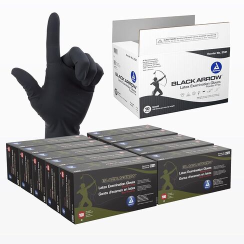Dynarex Black Arrow Disposable Latex Exam Gloves, Powder-Free, Used in Healthcare and Professional Settings, Law Enforcement, Tattoo, Salon or Spa, Black, Small, 1 Box of 100 Pairs in Saudi Arabia