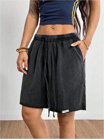 OYOANGLE Women's Sweat Shorts Washed Drawstring Waist Letter Patched Wide Leg Shorts with Pockets in Saudi Arabia