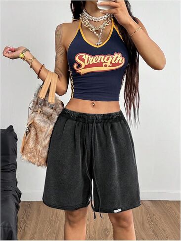 OYOANGLE Women's Sweat Shorts Washed Drawstring Waist Letter Patched Wide Leg Shorts with Pockets in Saudi Arabia