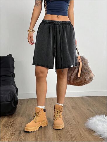 OYOANGLE Women's Sweat Shorts Washed Drawstring Waist Letter Patched Wide Leg Shorts with Pockets in Saudi Arabia